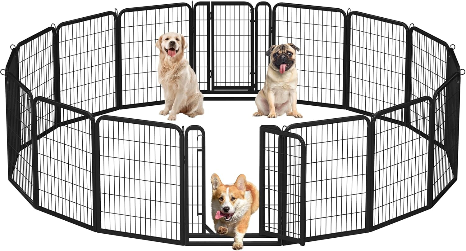 32-Inch Heavy Duty Dog Pen- Foldable Metal 16 Panel Dog Pen Dog Exercise Pen Barrier Kennel Portable Cat Duck Chicken Puppy Fence with Door Outdoor & Indoor Black