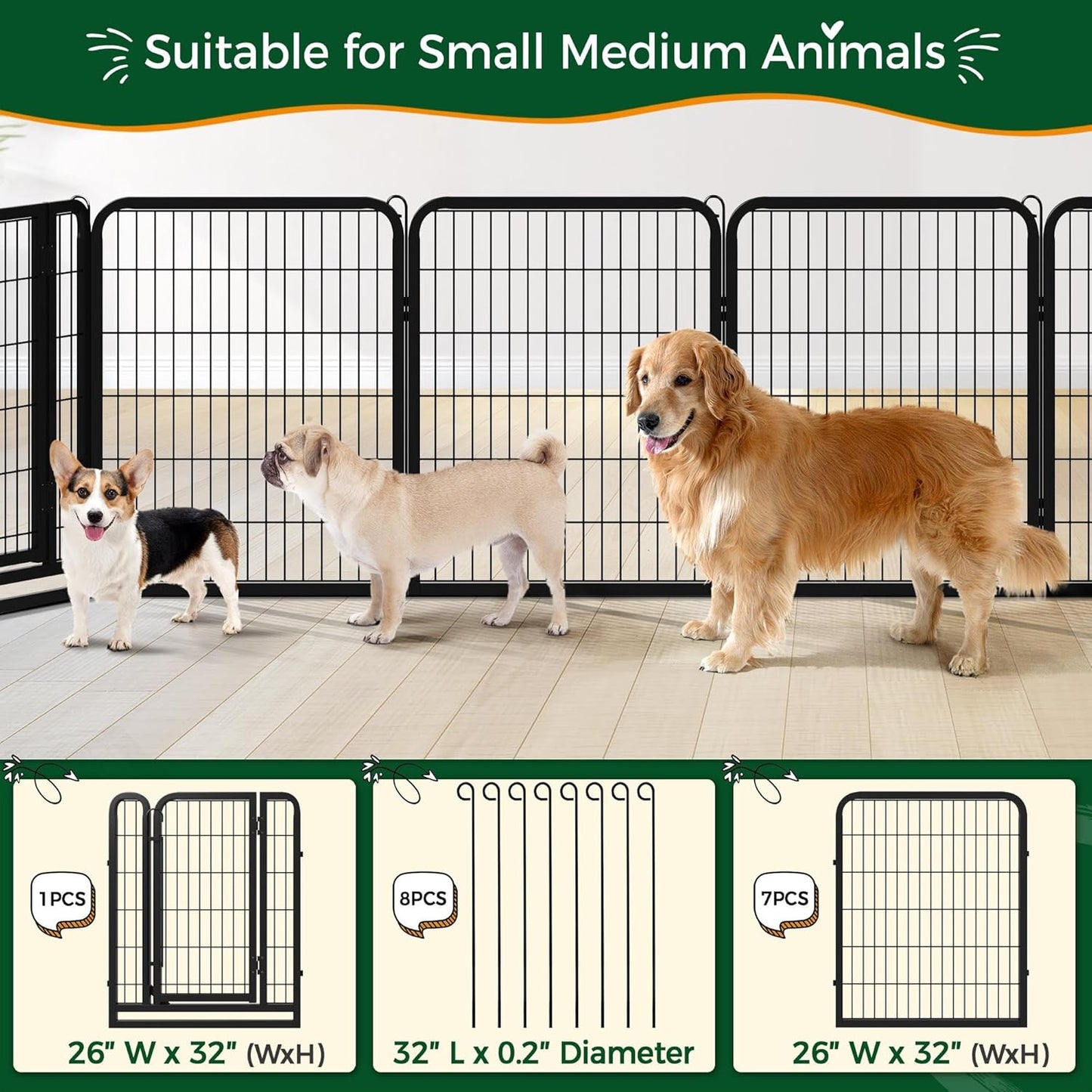 32-Inch Heavy Duty Dog Pen- Foldable Metal 16 Panel Dog Pen Dog Exercise Pen Barrier Kennel Portable Cat Duck Chicken Puppy Fence with Door Outdoor & Indoor Black