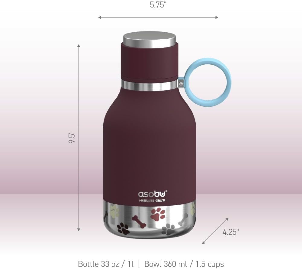 Dog Bowl Attached to Stainless Steel Insulated Bottle 1 Liter (Burgundy)